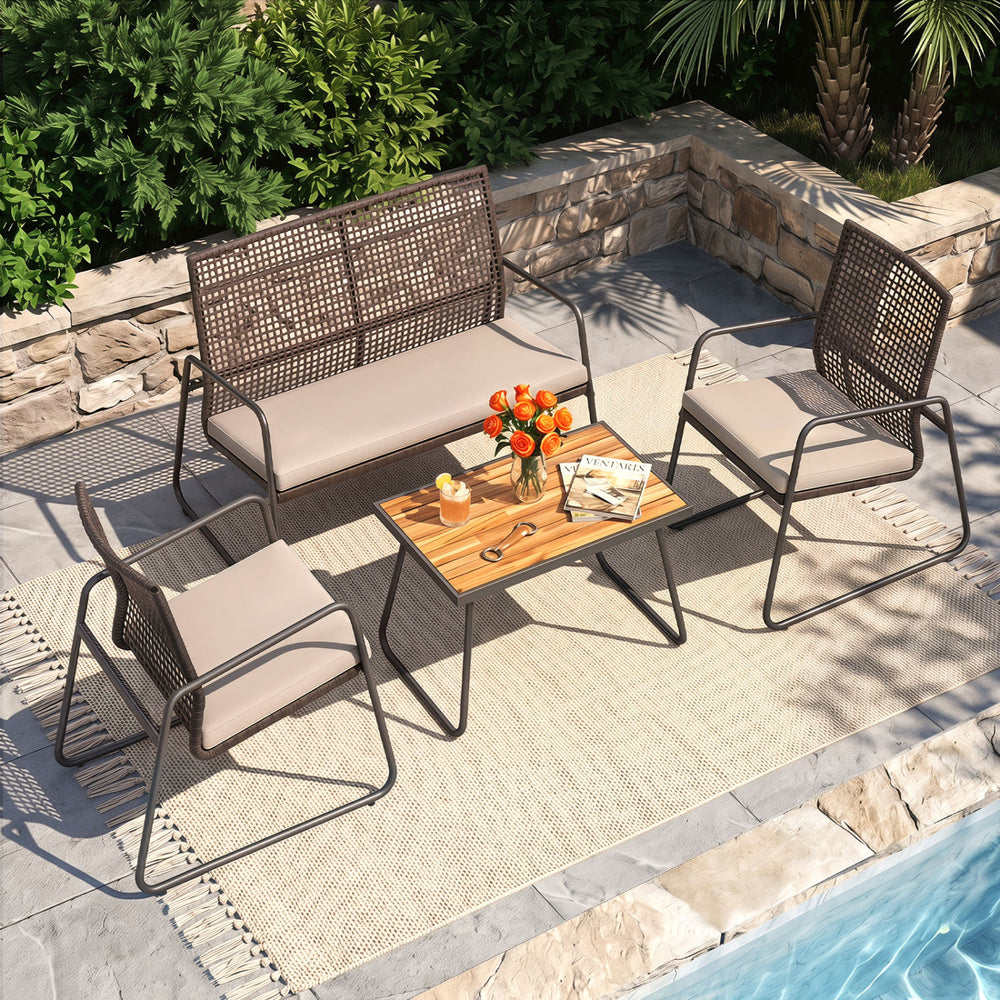 4 Pieces Patio Furniture Set with Acacia Wood Coffee Table and Zippered Cushions - Gallery View 2 of 9