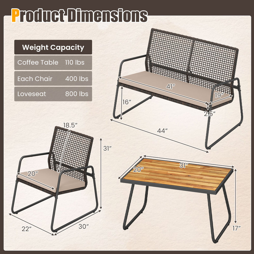 4 Pieces Patio Furniture Set with Acacia Wood Coffee Table and Zippered Cushions - Gallery View 5 of 9