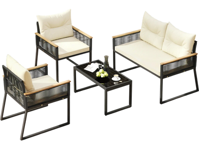 Costway 4-Piece Patio Furniture Conversation Set w/ Tempered Glass Coffee Table Black 984127536 New