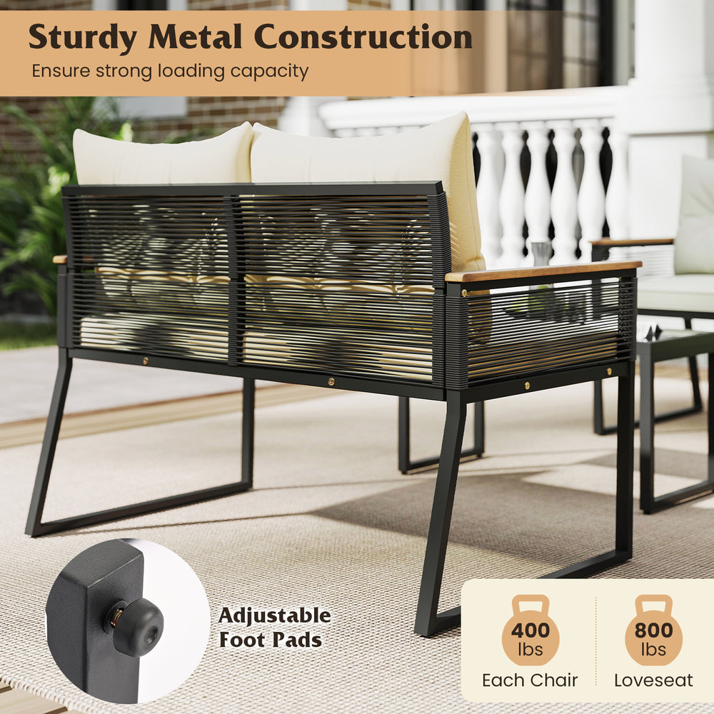 Patio loveseat with sturdy metal construction, supports 800 lbs, featuring adjustable foot pads for stability.