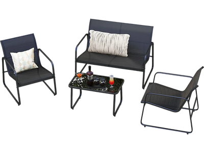 Costway 4-Piece Outdoor Patio Conversation Set w/ Tempered Glass Coffee Table Black 87396451 New