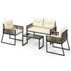 4-piece patio furniture set featuring a black loveseat, two chairs, and a tempered glass coffee table for outdoor.
