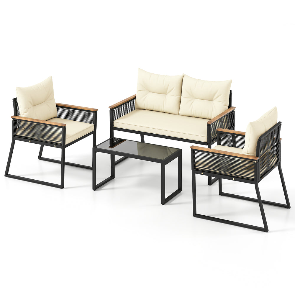 4-piece patio furniture set featuring a black loveseat, two chairs, and a tempered glass coffee table for outdoor.