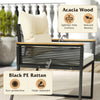 Black PE rattan patio chair with acacia wood armrests, featuring a removable cushion for outdoor relaxation.
