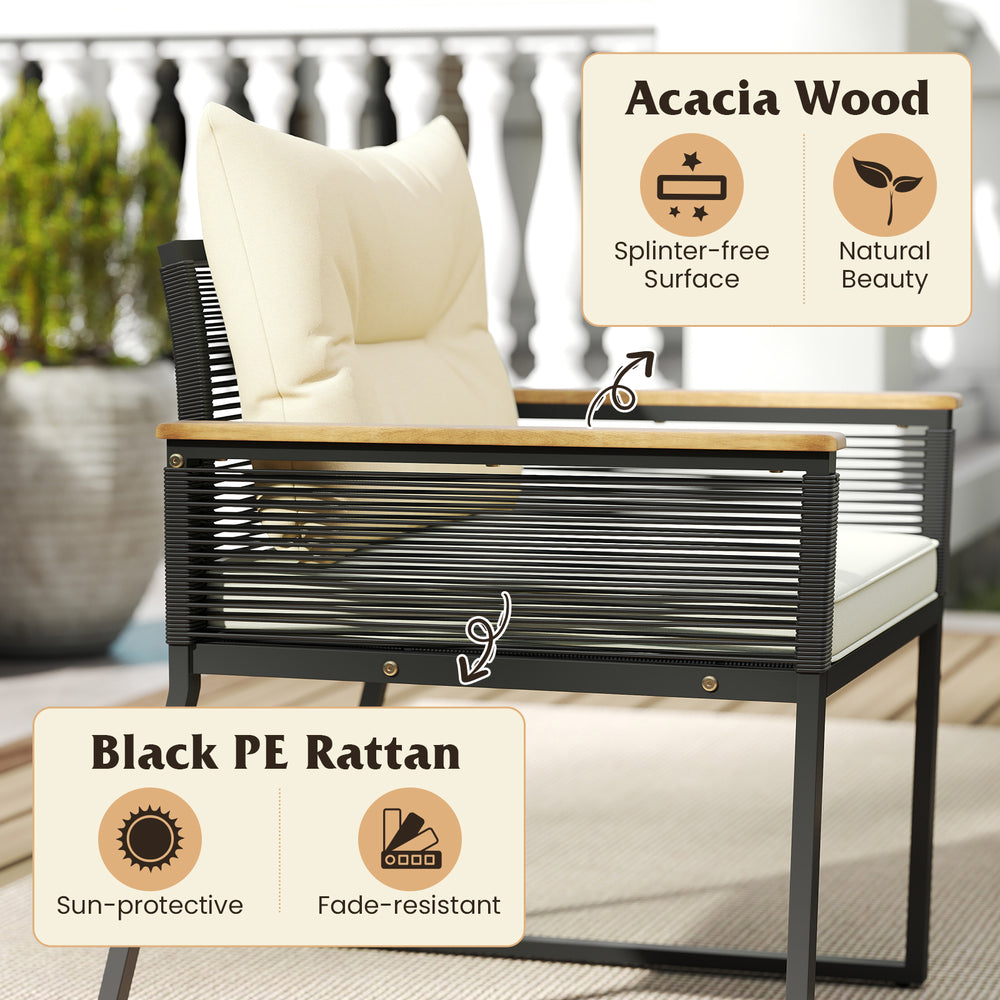 Black PE rattan patio chair with acacia wood armrests, featuring a removable cushion for outdoor relaxation.