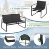 Two ergonomic lawn chairs and one loveseat with a tempered glass table, perfect for outdoor patio relaxation.
