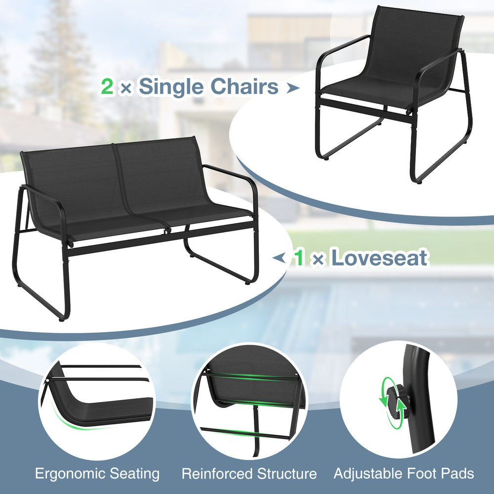 Two ergonomic lawn chairs and one loveseat with a tempered glass table, perfect for outdoor patio relaxation.