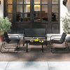 Patio furniture set featuring a loveseat and two fabric lawn chairs with a glass coffee table, perfect for outdoor.