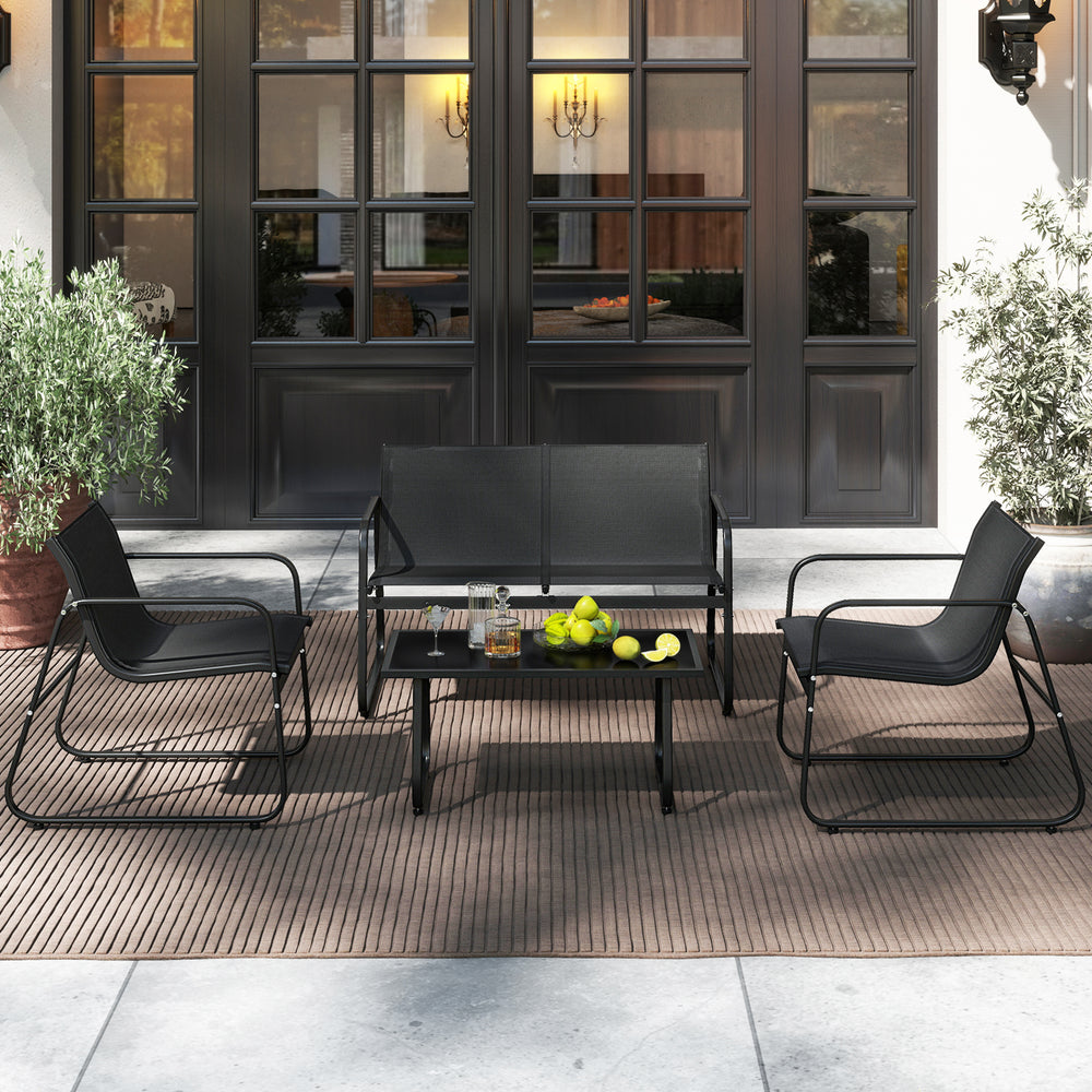 Patio furniture set featuring a loveseat and two fabric lawn chairs with a glass coffee table, perfect for outdoor.