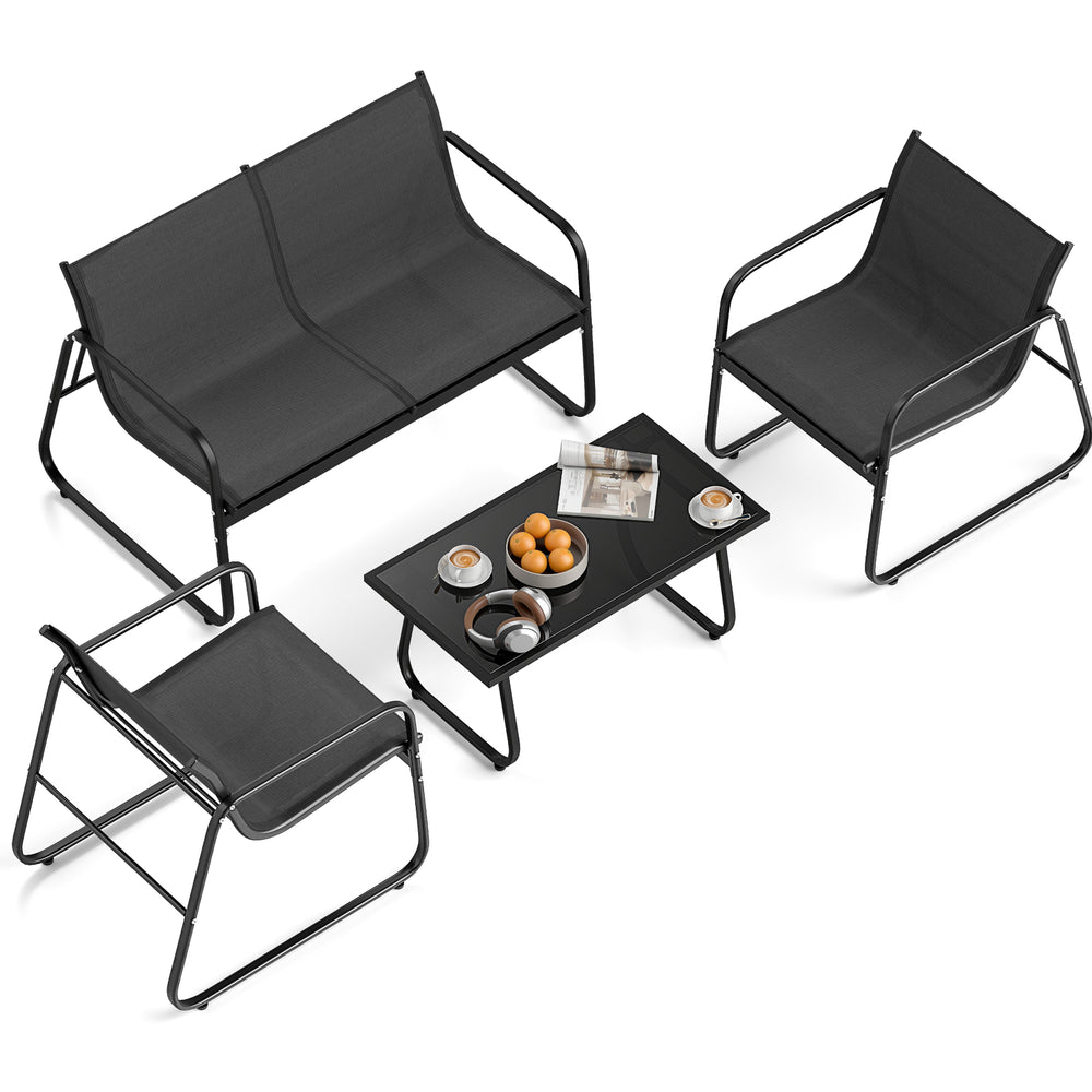 4-piece patio furniture set featuring a loveseat, two fabric lawn chairs, and a glass coffee table for outdoor.