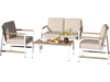 4-piece patio furniture set featuring gray cushions, aluminum frames, and a coffee table for stylish outdoor relaxation.