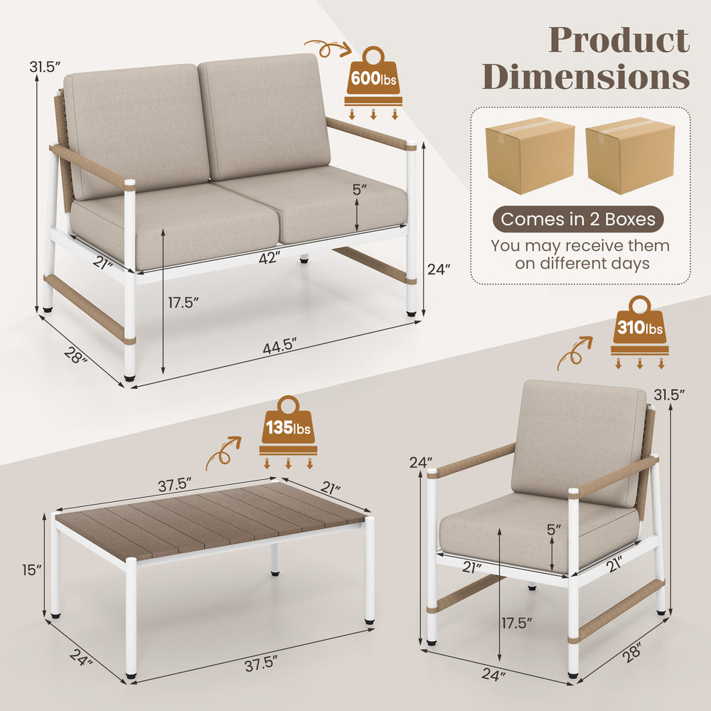 Patio furniture set featuring a loveseat, two chairs, and a coffee table with gray cushions for outdoor relaxation.