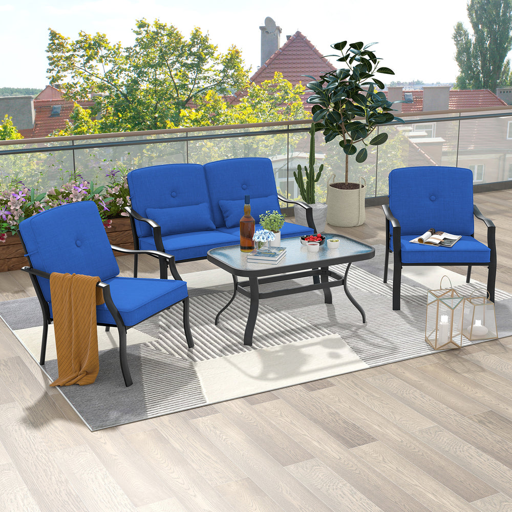 4 Pieces Outdoor Conversation Set with Seat Back Cushions and Waist Pillows-Navy - Gallery View 1 of 10