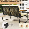 Patio loveseat with sturdy metal construction, supporting 800 lbs, featuring adjustable foot pads for stability.