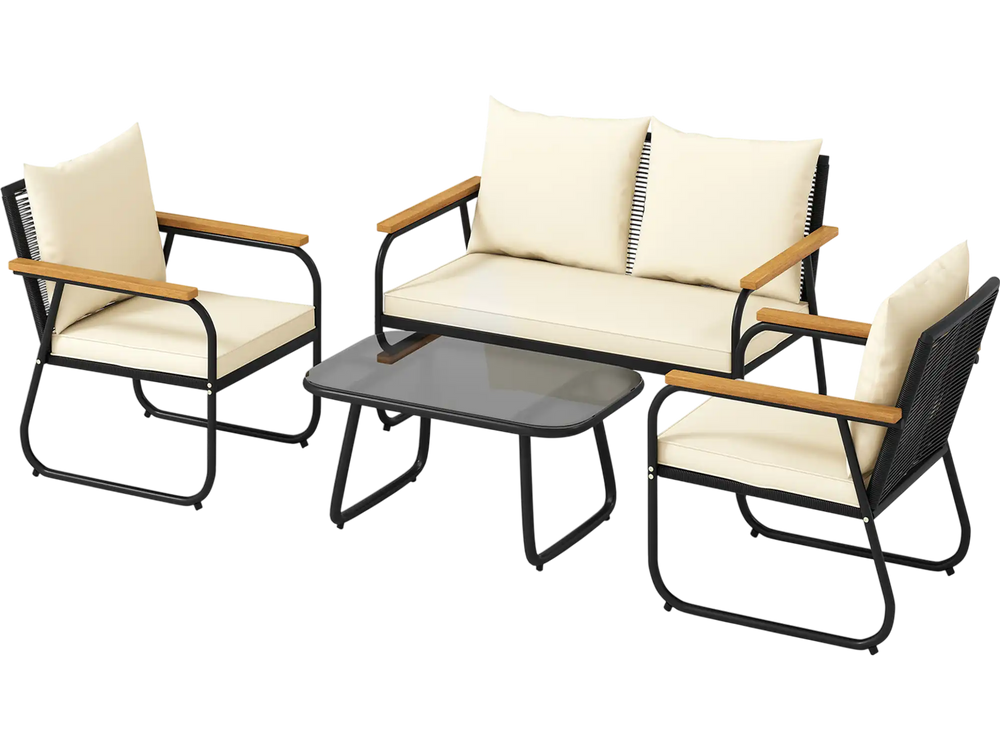4 Pieces Patio Furniture Set with Tempered Glass Coffee Table