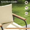 Acacia wood armrests on a patio chair, featuring a splinter-free surface and cozy support for outdoor relaxation.
