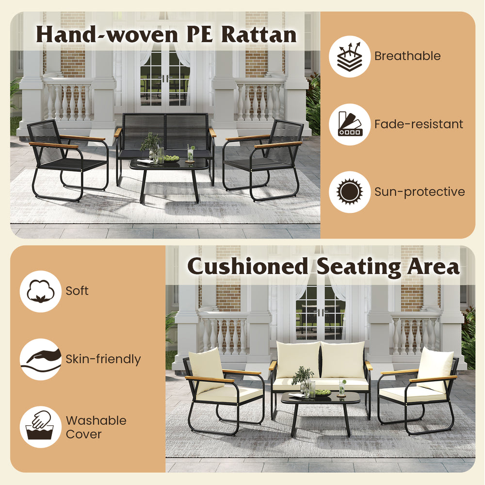 4-piece patio furniture set featuring cushioned seating, hand-woven PE rattan, and a tempered glass coffee table for.