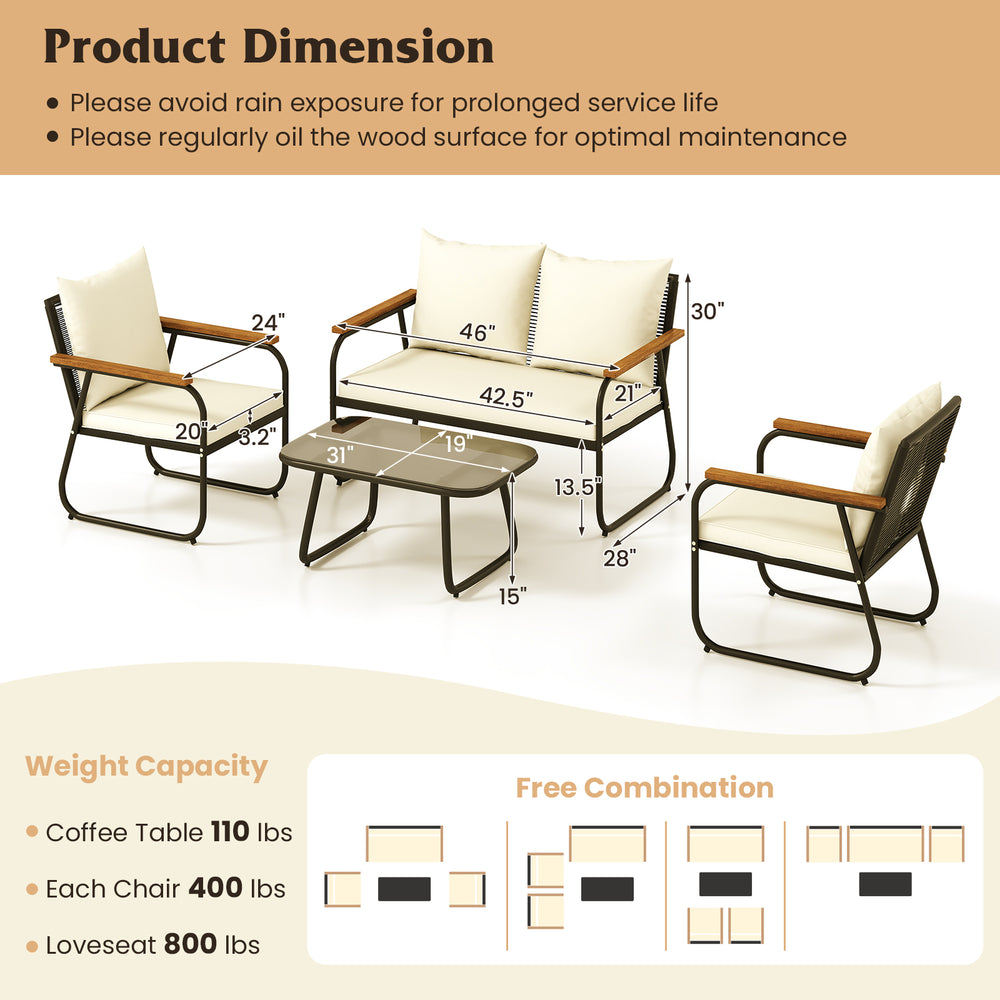 4-piece patio furniture set featuring a tempered glass coffee table, cushioned chairs, and a loveseat for outdoor.