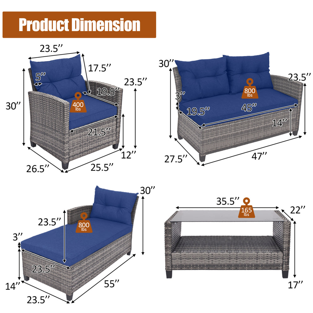 4-piece patio rattan sofa set with navy cushions, featuring a 2-tier coffee table and adjustable feet for stability.