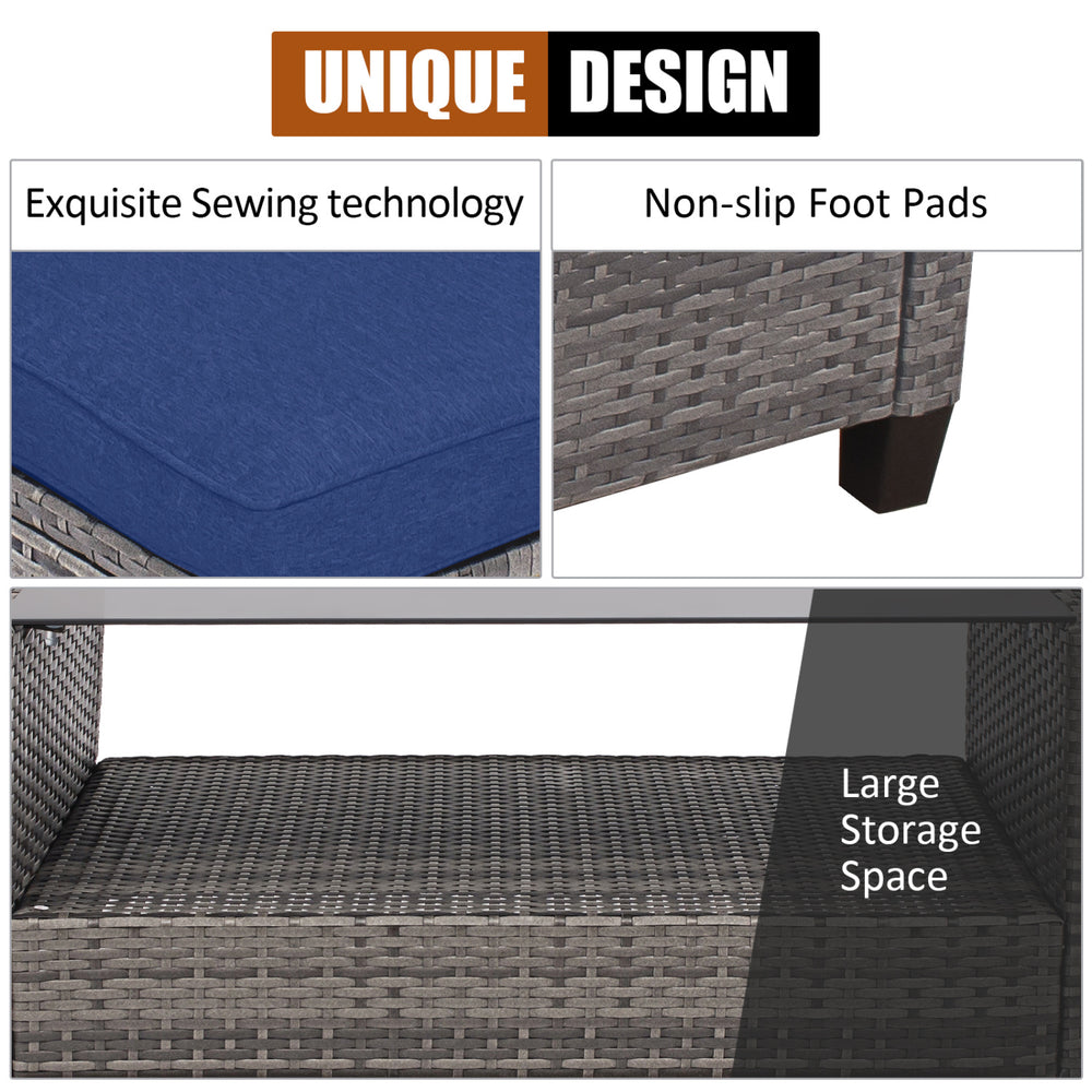Detail of the 4-piece patio rattan sofa set showing non-slip foot pads and large storage space for outdoor use.