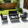 Patio rattan furniture set featuring a loveseat, two single sofas, and a coffee table, ideal for outdoor relaxation.