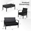 Dimensions of the 4 Pieces Patio Rattan Furniture Set, including loveseat, single sofas, and coffee table for outdoor use.