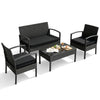 4-piece patio rattan furniture set with cushions, featuring a loveseat, two single sofas, and a coffee table for outdoor relaxation.