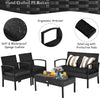4-piece patio rattan furniture set includes a loveseat, two single sofas, and a coffee table with soft cushions for outdoor comfort.