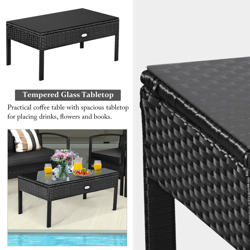 Coffee table with a smooth tempered glass top and elegant PE rattan design, perfect for outdoor patio use.