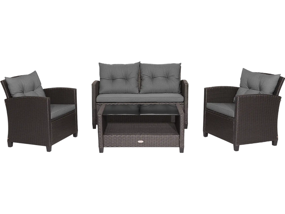 4-piece patio rattan conversation set with gray cushions, including loveseat and coffee table, ideal for outdoor.