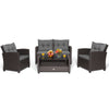 4-piece patio rattan conversation set with gray cushions, featuring a coffee table and ergonomic design for outdoor.
