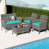 4 Pieces Patio Rattan Conversation Set with Tempered Glass Coffee Table-Turquoise - Gallery View 1 of 9
