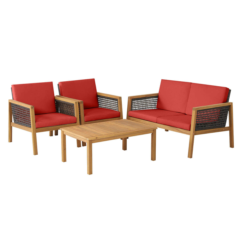 4 Pieces Patio Rattan Furniture Set with Removable Cushions-Red - Gallery View 1 of 9