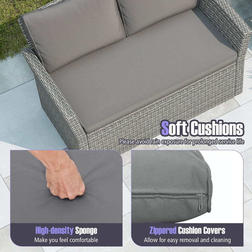 Soft gray cushions on a patio loveseat, featuring high-density sponge for comfort and zippered covers for easy cleaning.