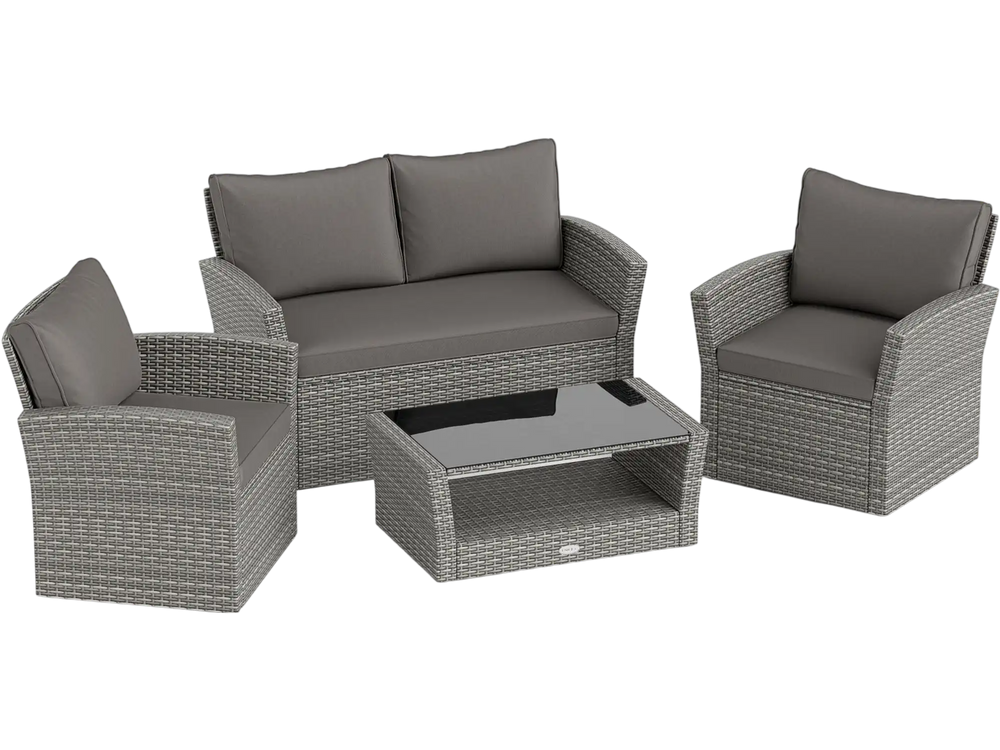 4-piece gray patio rattan furniture set with loveseat, 2 armchairs, and coffee table, featuring soft cushions and.