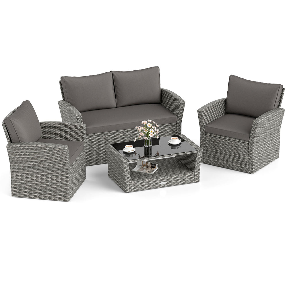 Stylish gray loveseat from a 4-piece patio rattan furniture set, featuring thick cushions for ultimate comfort outdoors.