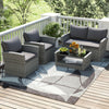 4-piece gray patio rattan furniture set with loveseat, armchairs, and coffee table, perfect for outdoor relaxation.