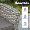 Close-up of the mix gray PE rattan texture on the armrest of a patio sofa, showcasing its fade-resistant and hand-woven.