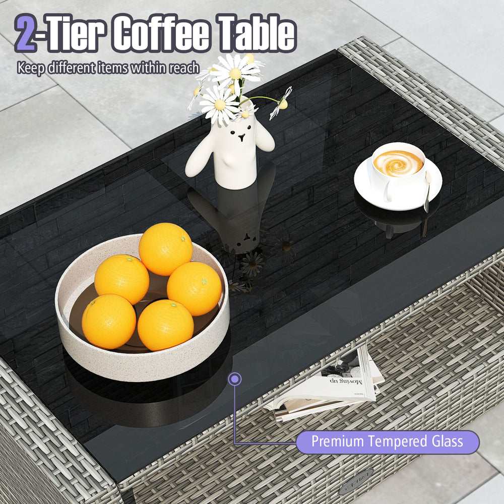 2-tier coffee table with premium tempered glass top and rattan design, perfect for outdoor patio use.