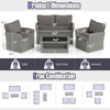 Dimensions of the 4 Pieces Patio Rattan Furniture Set with gray cushions, including loveseat, armchairs, and coffee.