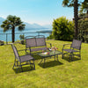 4-piece patio glider conversation set with brown fabric and tempered glass table, perfect for backyard relaxation.