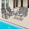 Patio glider set with brown high backrest chairs and a sleek tempered glass coffee table for outdoor comfort.