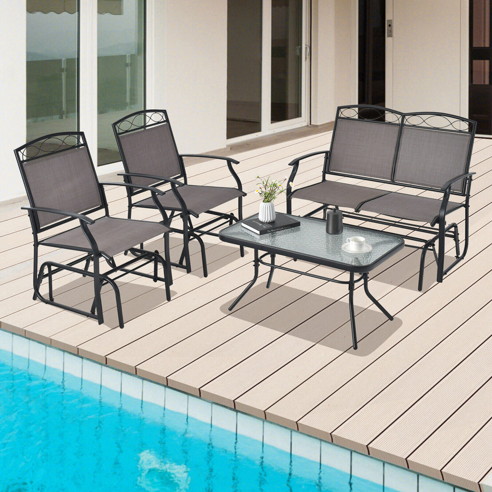 Patio glider set with brown high backrest chairs and a sleek tempered glass coffee table for outdoor comfort.
