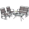 4-piece patio glider conversation set with brown fabric, tempered glass table, ideal for backyard and poolside.