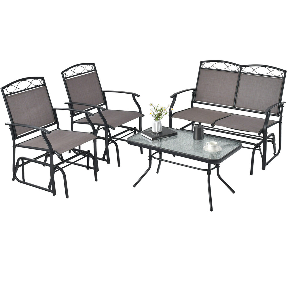 4-piece patio glider conversation set with brown fabric, tempered glass table, ideal for backyard and poolside.