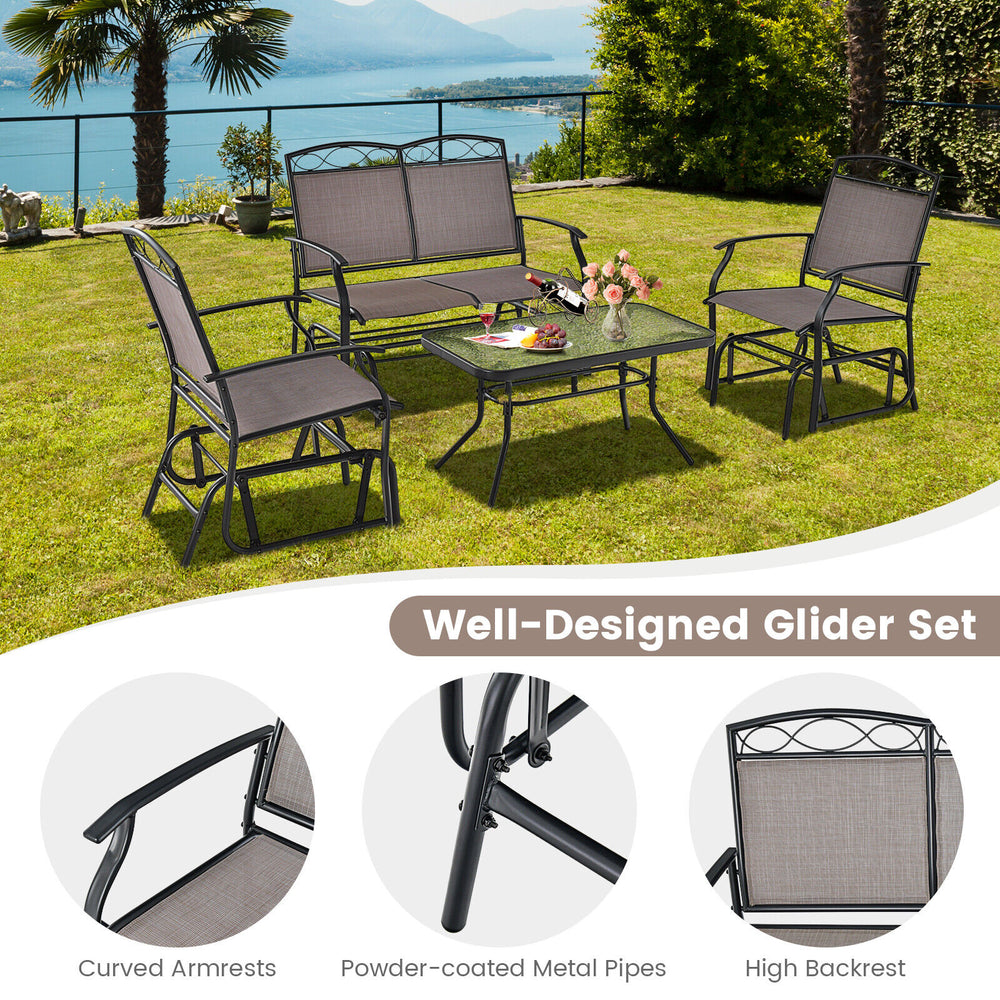 4-piece patio glider set featuring a tempered glass table, ergonomic high backrest, and curved armrests for outdoor.