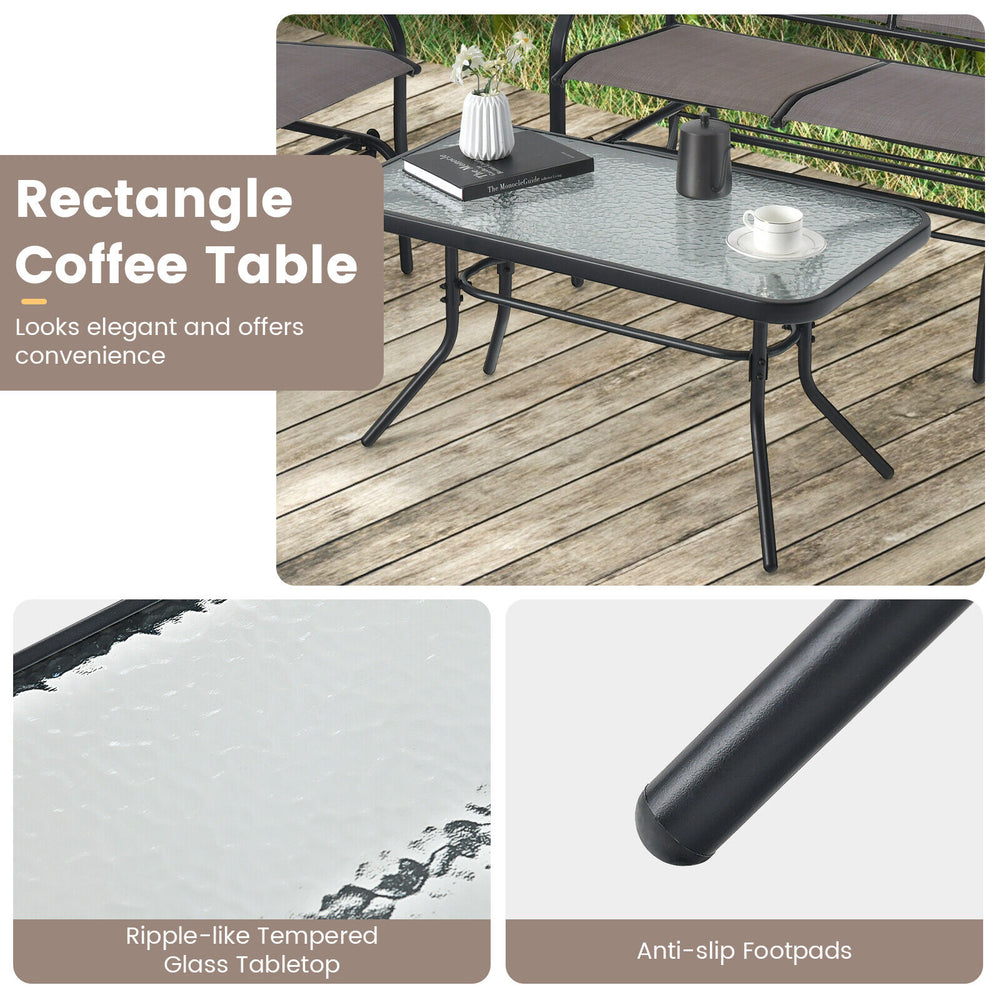 Rectangle coffee table with ripple-like tempered glass top and anti-slip footpads, perfect for patio glider sets.