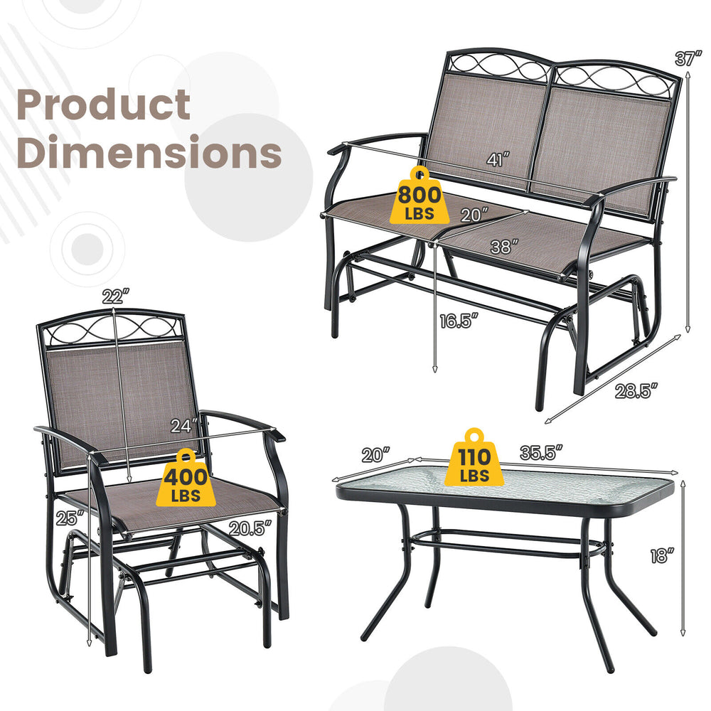 4-piece patio glider conversation set featuring a brown tempered glass table and ergonomic chairs for outdoor.
