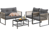 Outdoor PE rattan conversation sofa set with grey cushions, featuring a loveseat and two chairs, ideal for patio.