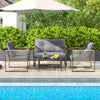 Outdoor PE rattan conversation sofa set with grey cushions, featuring a loveseat and two chairs by the poolside.